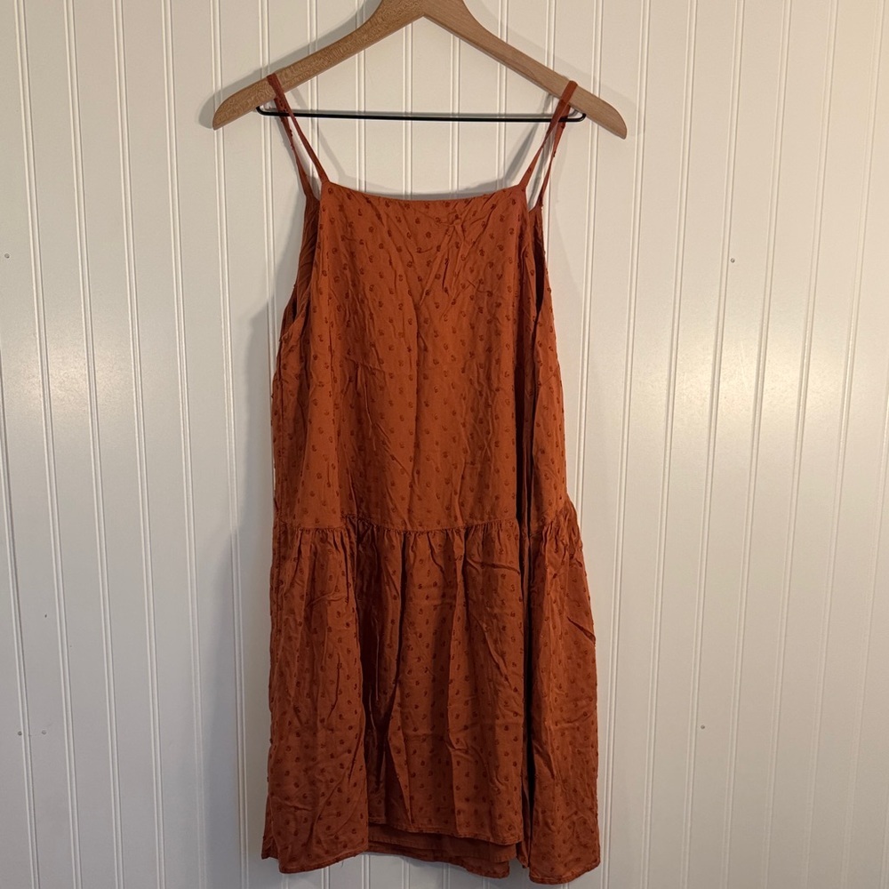 LOFT Swiss Dot Adjustable Spaghetti Strap Swing Dress Burnt Orange Size Medium - Picture 6 of 8